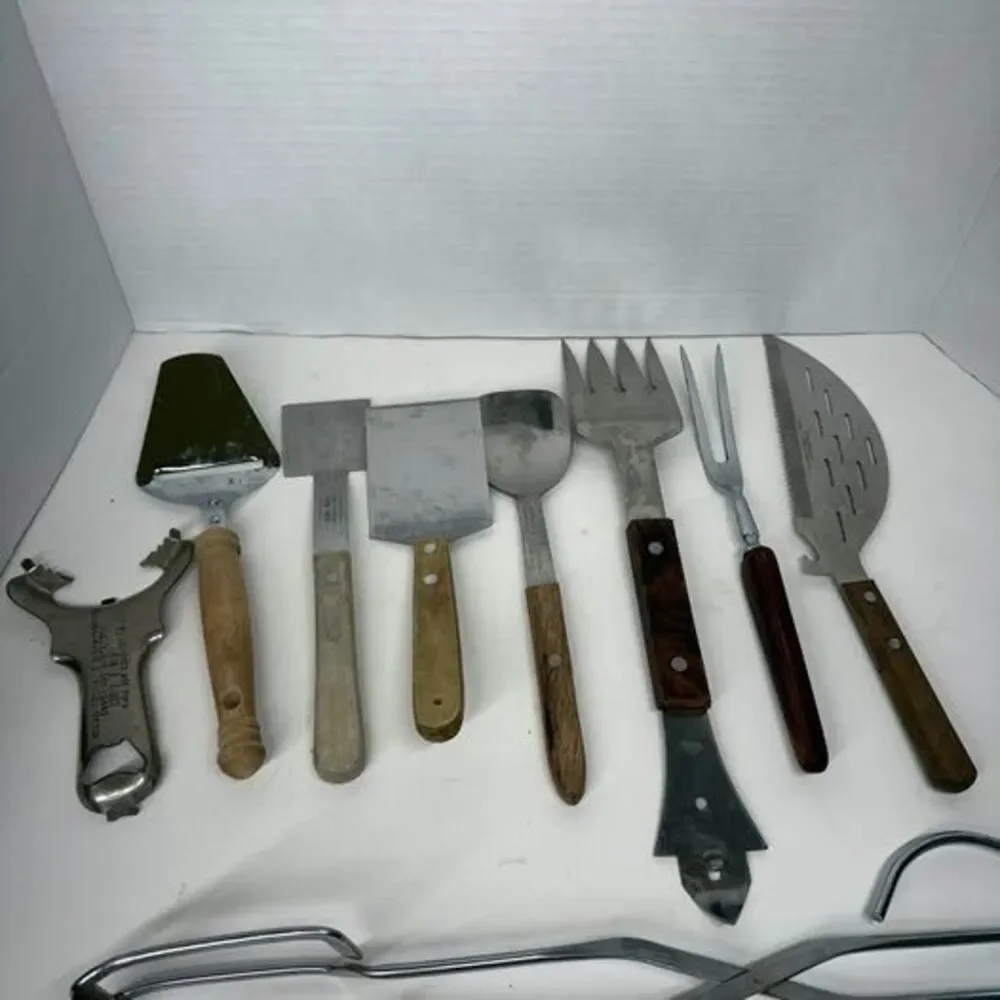 Vintage Wood Handle Kitchen Utensil Lot of 9 Stainless Steel